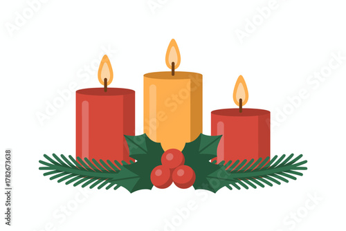 Festive Christmas candles with holly and pine branches glowing warmly