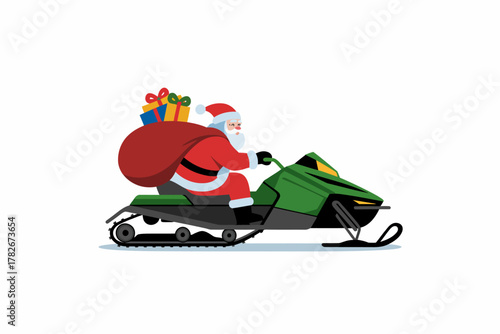 Santa Claus rides a snowmobile, delivering gifts with a sack full of presents.