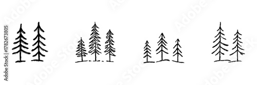 Pine Tree Forest Line Icon Set In Doodle Style. Nature, Wilderness, And Outdoor Adventure Outline Sketch Collection. Hand Drawn Isolated Vector Illustration
