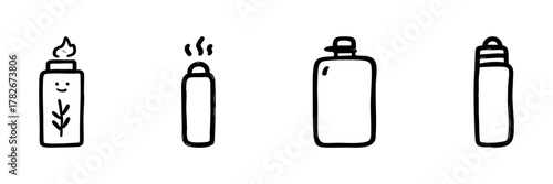 Thermos And Flask Line Icon Set In Doodle Style. Beverage Storage, Insulation, And Travel Convenience Outline Sketch Collection. Hand Drawn Isolated Vector Illustration