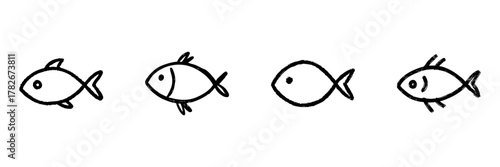Four Fish Line Icon Set In Doodle Style. Marine Life, Aquatic Creatures, And Oceanic Illustration Outline Sketch Collection. Hand Drawn Isolated Vector Illustration