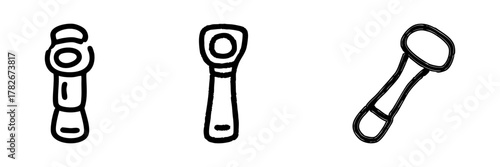 Electric Toothbrush Line Icon Set In Doodle Style. Oral Hygiene, Dental Care, And Teeth Cleaning Outline Sketch Collection. Hand Drawn Isolated Vector Illustration