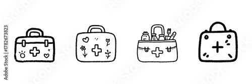 First Aid Kit Line Icon Set In Doodle Style. Emergency Medical Supplies And Healthcare Essentials Outline Sketch Collection. Hand Drawn Isolated Vector Illustration