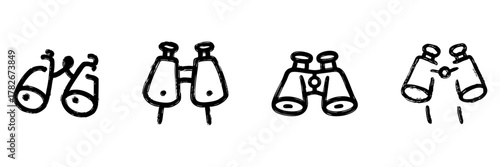Binoculars Line Icon Set In Doodle Style. Exploration, Observation, And Adventure Outline Sketch Collection. Hand Drawn Isolated Vector Illustration