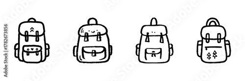 Backpack Line Icon Set In Doodle Style. Travel, Adventure, And School Bag Outline Sketch Collection. Hand Drawn Isolated Vector Illustration