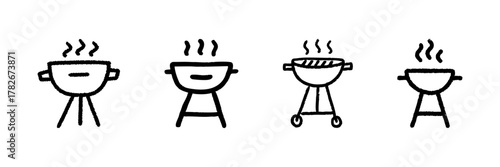 Barbecue Grill Line Icon Set In Doodle Style. Outdoor Cooking, Grilling, And Bbq Equipment Outline Sketch Collection. Summer Picnic And Barbecue Party Symbols. Hand Drawn Isolated Vector Illustration