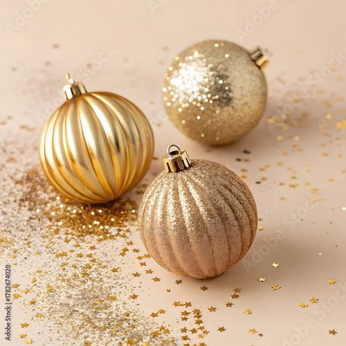 Elegant Gold and Champagne Christmas Ornaments on Beige Glitter Background