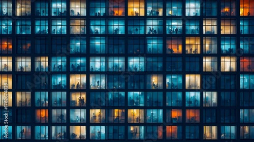 glass windows of an office or residential building. silhouettes in colored windows move. night lifestyle. Generative Ai