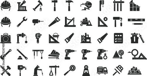 Construction tools icons, industrial equipment silhouettes, engineering instruments, repair hardware vector set, workshop tools collection, builder equipment illustration