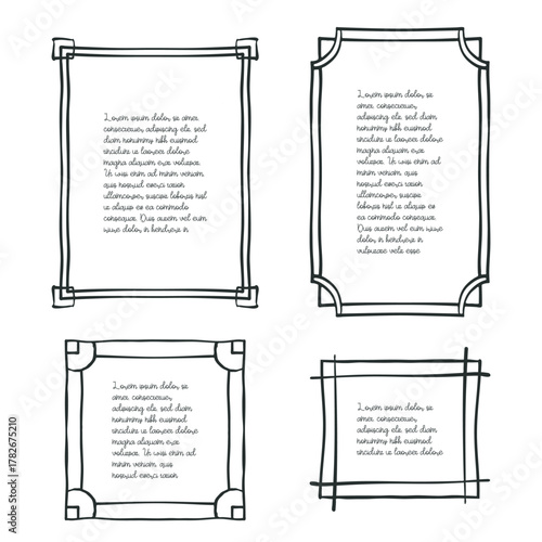 Frame outline set. Hand drawn decorative doodle black ink brush stroke corner, modern calligraphic freehand grunge line. Square, rectangle isolated geometric shape background. Vector illustration