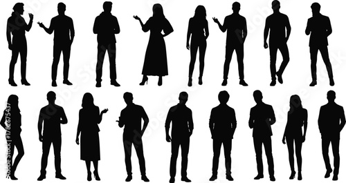 Silhouettes of men and women standing together in a business group vector illustration