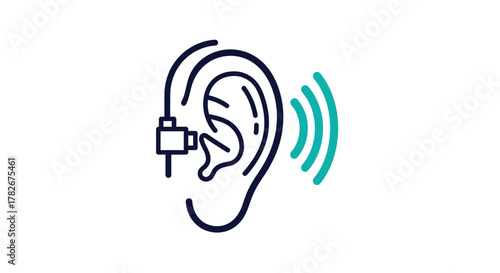 A minimal ear with charging cable and sound wave graphic silhouette