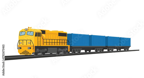Cartoon illustration of a yellow locomotive pulling blue shipping containers