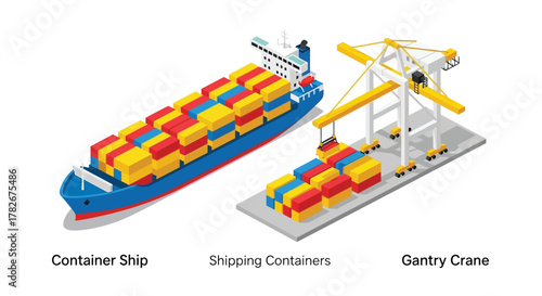 Isometric illustration depicting a container ship unloading cargo with a gantry crane