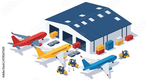 Isometric illustration of an airport hangar with airplanes and cargo