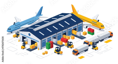Isometric illustration depicting air cargo logistics and warehouse operations