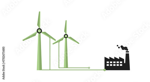 Wind turbines and a factory with a smoking chimney illustration