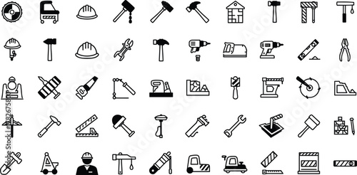 Construction tools icons, industrial equipment symbols, repair instruments, engineering tools vector set, workshop hardware, black outline illustration collection