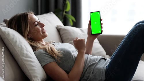 Wallpaper Mural Green Screen woman lies at home on the sofa and using smartphone with mock up in vertical mode girl browsing internet watching content videos blogs scene 4 distortion, overlay, glitch, static noise Torontodigital.ca