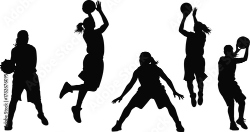 Basketball player silhouette poses, dynamic sports action vector, athlete movement icons, dribbling and jumping figures set, flat vector illustration