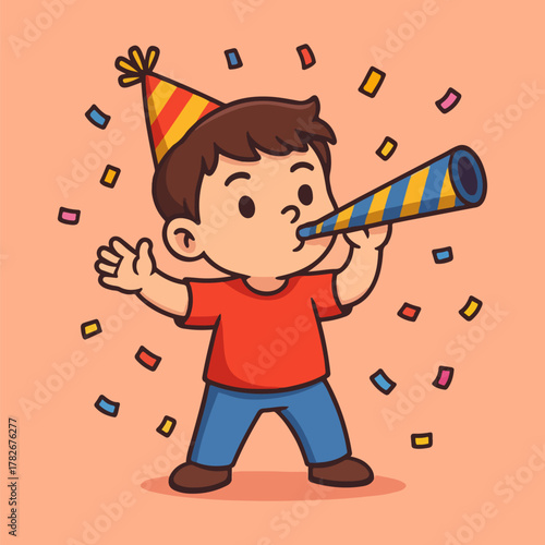 Cartoon child boy character drawing of a kid playing a guitar and a ball with a big smile for school education fun and music art