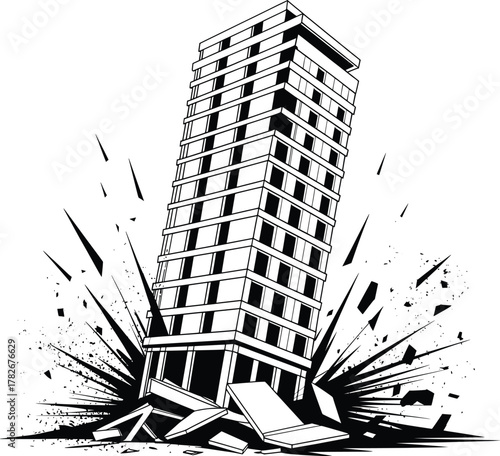 Falling Building Illustration Black and White Clipart.
