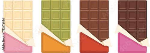 Chocolate Bar Variety in Different Flavors and Wrappers for Candy Packaging, Sweet Snack Design, Food Branding, and Vector Dessert Illustration