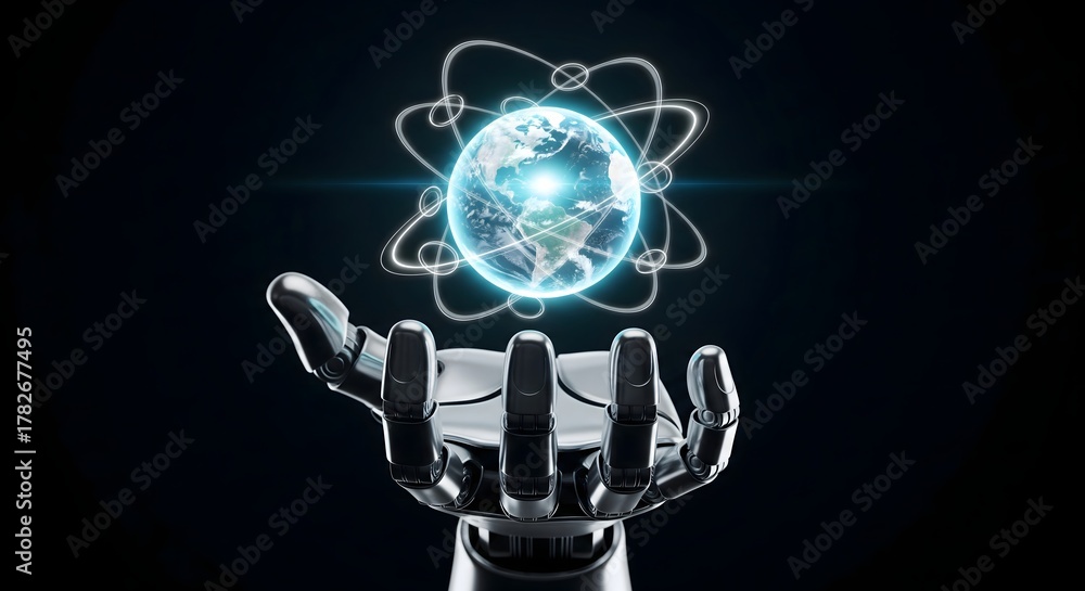 Obraz premium Futuristic robotic hand holds a glowing blue Earth globe surrounded by abstract white digital orbits, representing global network connection and advanced technology.