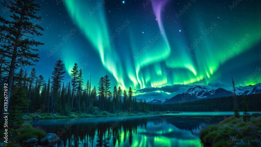 Una aurora boreal ilumina el cielo sobre un lago rodeado de pinos y montañas nevadas, reflejando su brillo verde en el agua.