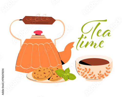Cozy vector illustration with teapot, cup of tea, cookies, and fresh mint leaves with Tea Time lettering. Perfect for autumn design, kitchen decor, cafes, and food packaging