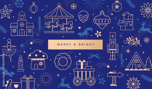 Wallpaper Mural Christmas vector illustration with golden Christmas elements on blue background. Season's greeting design for banner, poster, cover, greeting card.

 Torontodigital.ca