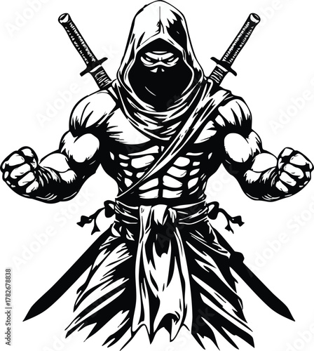 Black and white muscular ninja with hood, swords, and combat stance vector illustration