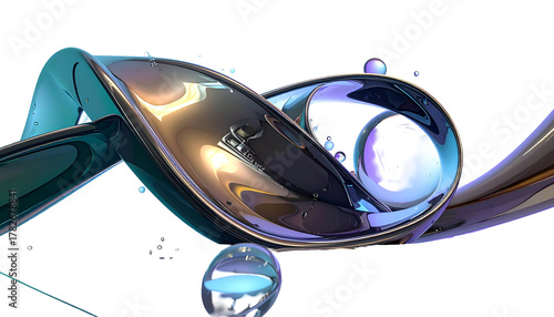 Abstract 3D rendering with metallic ribbons and spheres, swirling against black