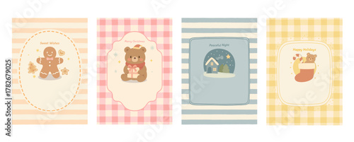 パステルチェックのクリスマスカードセット、Pastel Check Christmas Card Set