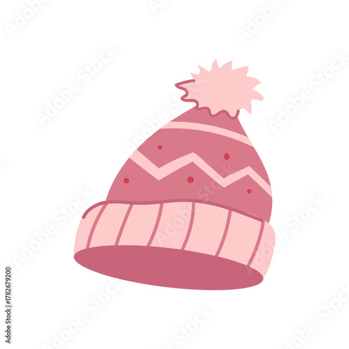 A cute and simple illustration of a pink winter hat with pom pom