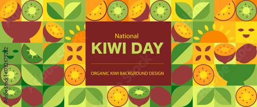 Kiwi fruits geometric seamless pattern. Mosaic banner. Block and retro abstract, minimalist nature