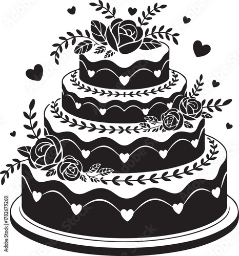 Elegant three tier wedding cake with floral and heart decorations black and white illustration