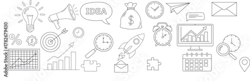Collection of hand drawn business finance icons, including charts, clocks, magnifying glass, lightbulb