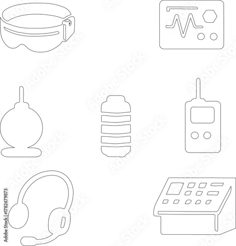 group of sci-fi gadget Line-art in crisp black fill on a white background featuring a visor, control panel, communicator, scanner, energy cell, gravity boots, and neural uplink 