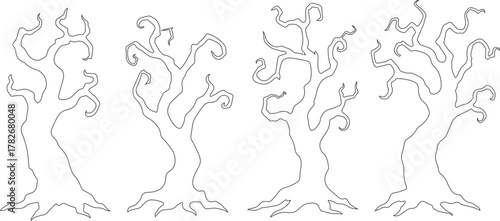 haunted forest tree Line-art bundle four eerie black shapes with twisted, spooky branches on a stark white background