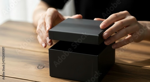 Hands Opening Elegant Black Gift Box on Wooden Table