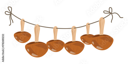 Dried mushrooms on a string. Edible mushrooms drying on a rope. Hand drawn vector illustration