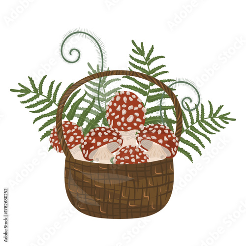 Basket full of fly agaric, amanita and twigs vector illustration