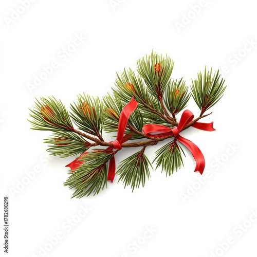 A red ribbon is tied to a pine tree branch