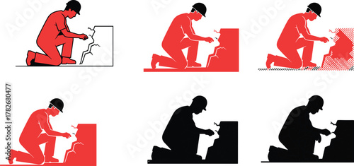 Construction worker repairing wall cracks, bricklayer silhouette in hard hat, building maintenance illustration for architecture, renovation, and engineering design
