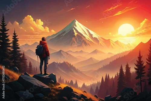 Hiker on Mountain Peak at Sunset Landscape Scenery, Adventure and Freedom