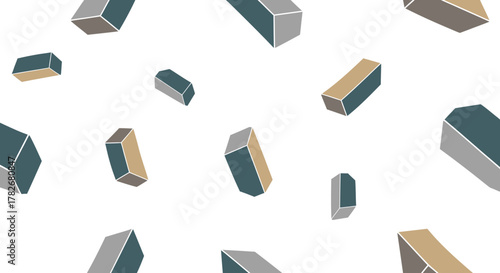 Abstract composition featuring floating, geometric, three-dimensional shapes in various orientations.