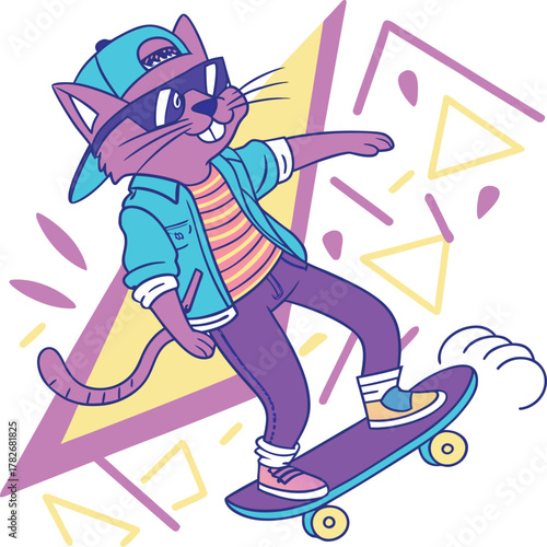 Retro 80s cartoon style cool cat wearing sunglasses