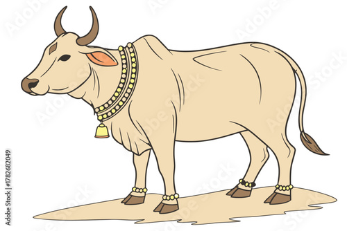 Illustration of a sacred Indian Zebu cow adorned with traditional festive decorations and a bell, standing in profile on a white background