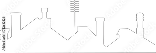 urban rooftop Line-art in bold black fill, each featuring distinct chimneys and vents on a clean white background